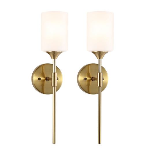 BYOLIIMA Gold Wall Sconce Set of 2 with White Cylinder Glass Shades Modern Mid Century Bathroom Vanity Wall Light Fixtures Industrial Brushed Brass Wall Lamp for Bedroom Mirror Living Room Restaurant