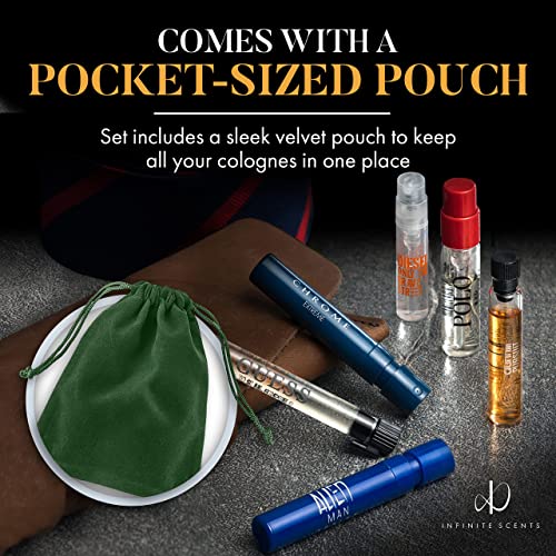 Men's Cologne Sampler Set: 6 Designer Fragrances + Pocket-Sized Pouch - Travel-Size Cologne Sample Pack Gift Set