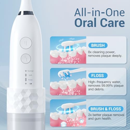 Marchpower Innovative 2-in-1 Electric Toothbrush with Water Flosser – Ultrasonic Cleaning, Compact Travel Design, 3+3 Modes, IPX7 Waterproof, USB-C Rechargeable, with 3 Dupont Brush Heads & 1 Jet Tip