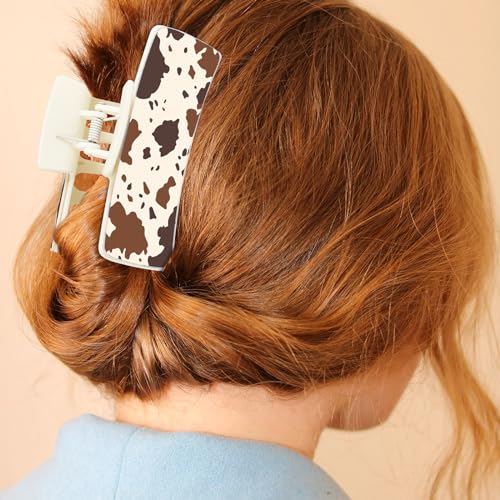 Western Leather Hair Claw Clips Sunflower Floral Square Claw Clips for Hairstyling Southwest Cow Print Cowhide Hair Accessories Large Aesthetic Western Cowgirl Stuff Gift for Women Girls