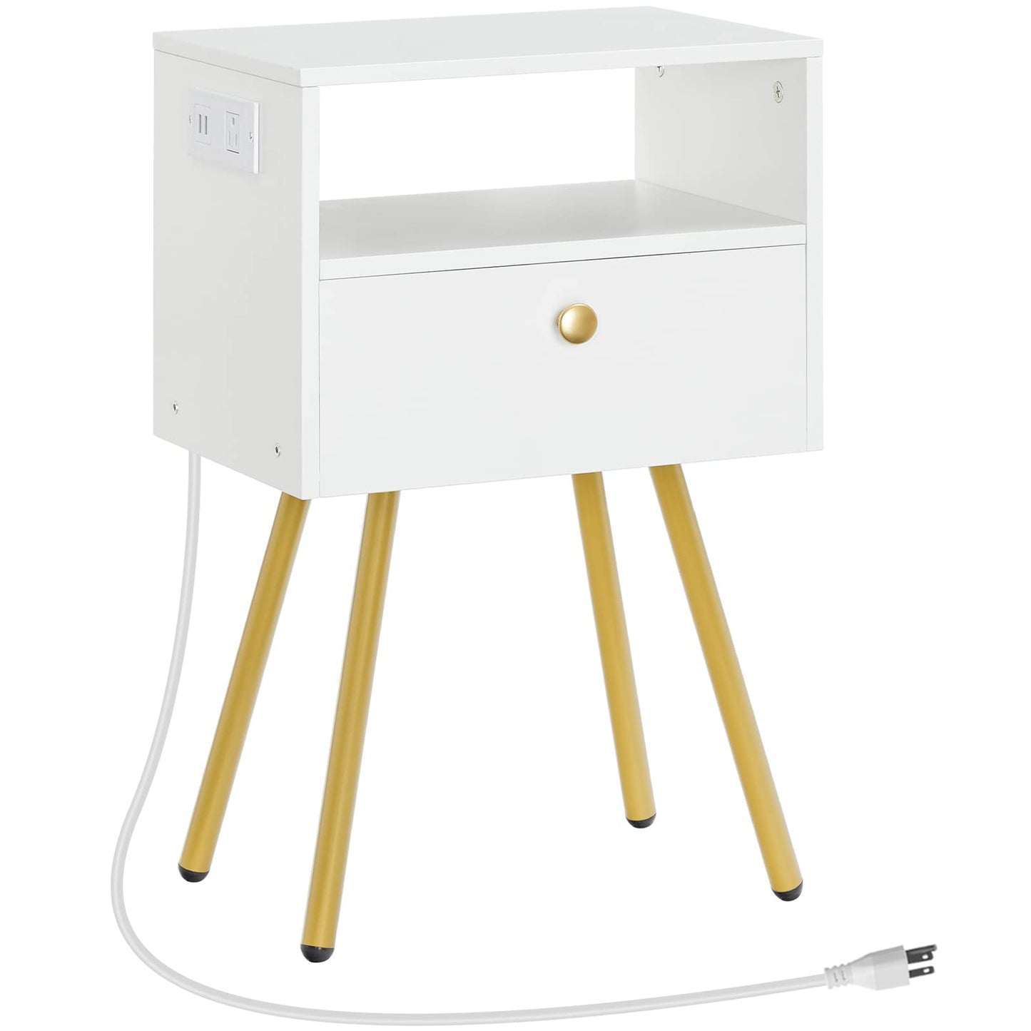 HOOBRO Nightstand with Charging Station, Side Table with USB Ports and Outlet, End Table for Tight Spaces, Solid and Stable, for Office, Bedroom, Study, White and Gold DW88UBZ01
