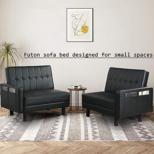 IPKIG Futon Sofa Bed - Faux Leather Convertible Sleeper Sofa with Adjustable Backrest and Side Pockets, Small Loveseat for Rentals, RVs, Bedroom, Guest Rooms (Black, Loveseat)