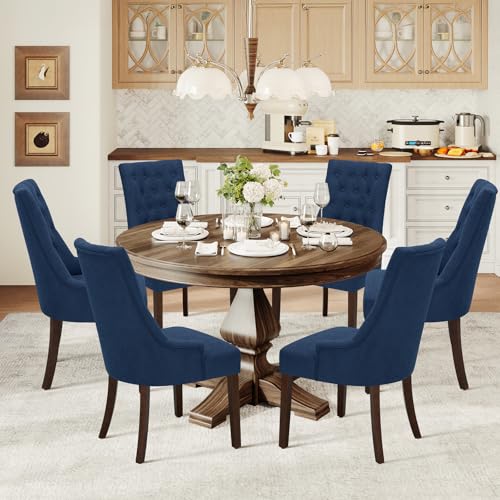 COLAMY Wingback Upholstered Dining Chairs Set of 6, Fabric Dining Room Chairs with Tufted Button, Living Room Chairs for Home Kitchen, Blue