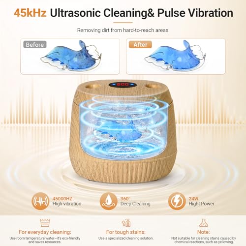 Ultrasonic Retainer Cleaner Machine - 45kHz Ultrasonic Cleaner Deep Cleaning for Mouth Guard, Denture, with UV, Digital Timer, 200ml Dental Cleaning Tank, Wood grain,2 Modes,Quiet & Safe Design