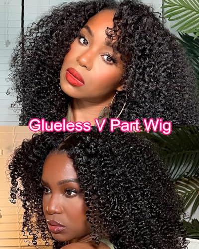 V SHOW Curly V Part Wig Human Hair Upgrade U Part Wig Human Hair Wigs for Women Glueless V Shape Wig Afro Curly Wigs No Leave Out 180% Density Natural Color 18Inch