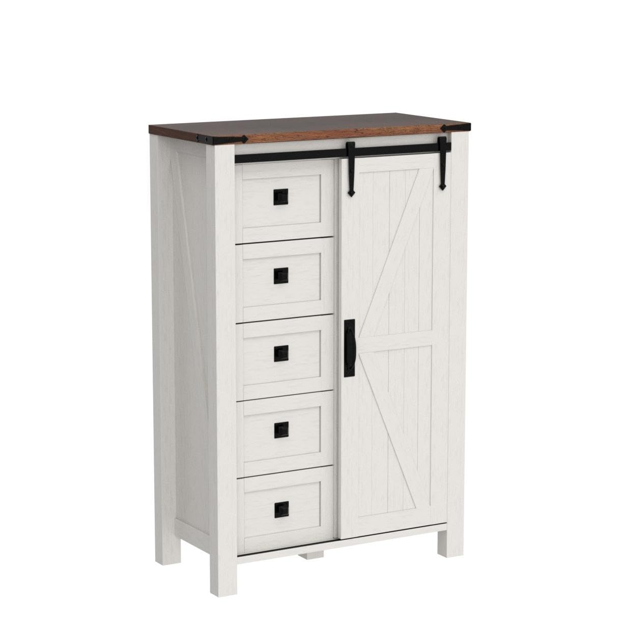 T4TREAM 5 Drawers Dresser for Bedroom w/Sliding Barn Door, Farmhouse Modern Tall Dresser 5 Chest of Drawers, Storage Organizer for Bedroom, Hallway, Living Room, Kids Room, Antique White