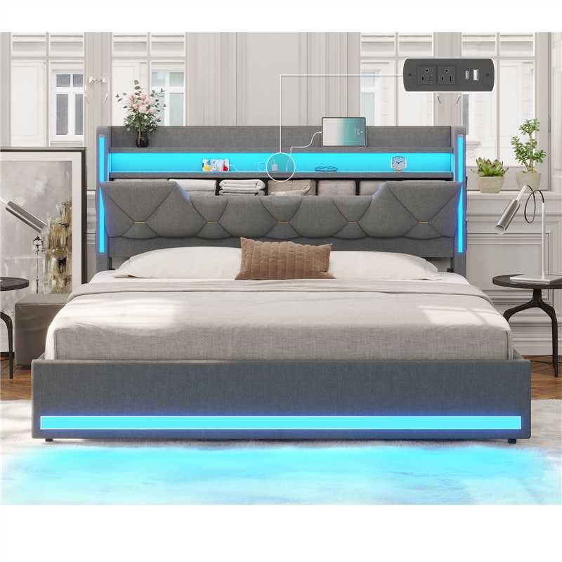 busyaeh Queen Bed Frame with Storage Headboard, Metal Bed Frame with LED Lights & Charging Station, Upholstered Queen Bed with Marshmallow Headboard, No Box Spring Needed, Easy Assembly，Dark Gray