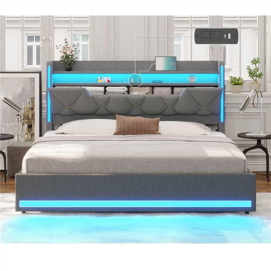 busyaeh Queen Bed Frame with Storage Headboard, Metal Bed Frame with LED Lights & Charging Station, Upholstered Queen Bed with Marshmallow Headboard, No Box Spring Needed, Easy Assembly，Dark Gray