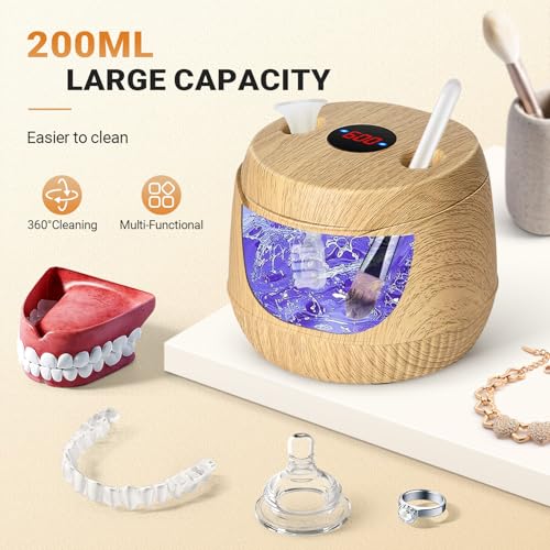 Ultrasonic Retainer Cleaner Machine - 45kHz Ultrasonic Cleaner Deep Cleaning for Mouth Guard, Denture, with UV, Digital Timer, 200ml Dental Cleaning Tank, Wood grain,2 Modes,Quiet & Safe Design