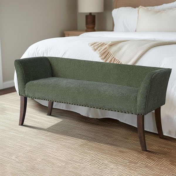Madison Park Accent Bench, Plush Upholstered, Nailhead Trim, & Padded Seat Entryway Bench Small, End of Bed Bench with Back, 49.5" W x 19.25" D x 23" H, Green