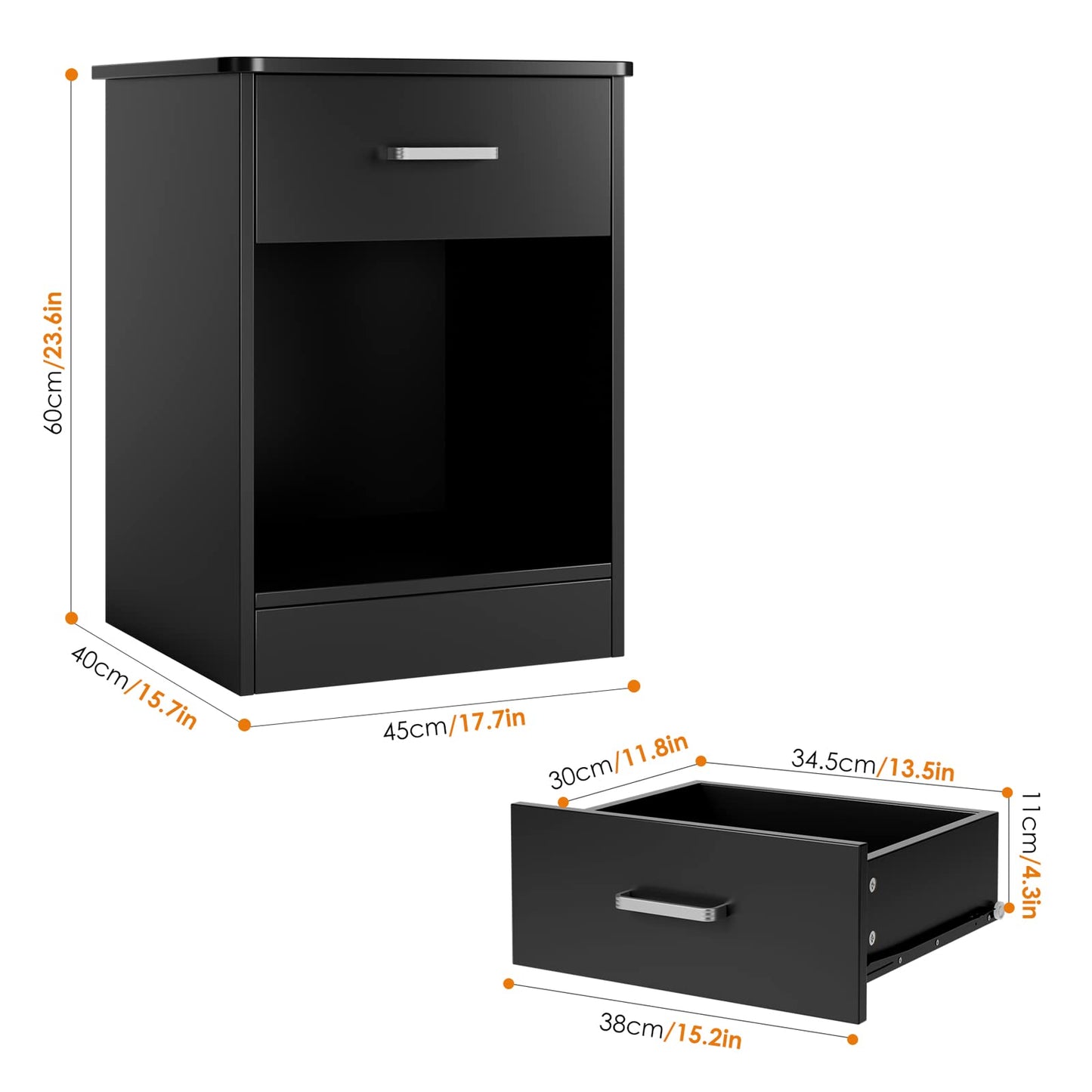 FOTOSOK Nightstand, Set of 2, 2-Tier Side Table with Drawer and Storage Shelf, Bedside Table End Table, Modern Night Stand for Bedroom, Home Office,Black