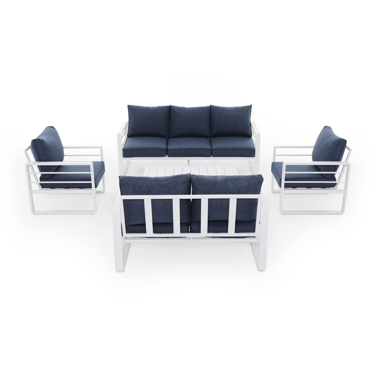 Patiorama Aluminum Patio Furniture Set, 5 PCS Modern Patio Conversation Set, All Weather White Outdoor Sectional Sofa Set w/Coffee Table, Patio Seating Set, Olefin Cushion, Garden-Blue Cushion