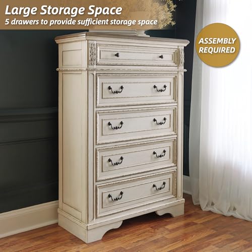 Signature Design by Ashley Realyn French Country Two Tone 5 Drawer Chest of Drawers, Chipped White