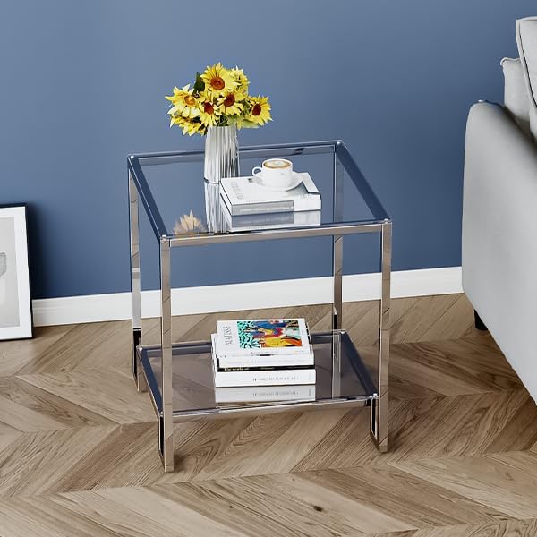 2 Tier Square End Table Side Table with Tempered Glass Top and Silver Stainless Steel Frame Modern Night Stand for Small Spaces Side Table with Storage for Living Room Bedroom