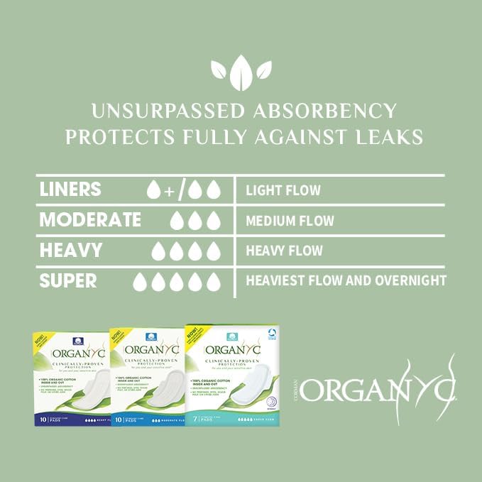 Organyc - 100% Certified Organic Cotton Inside and Out Feminine Pads, Sanitary Napkin 40 Count, Heavy Flow, New Larger Size Packaging