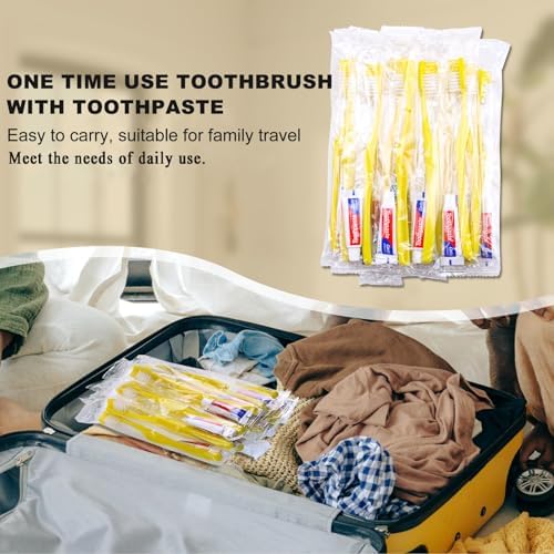 Disposable Toothbrushes with Toothpaste,200 Pack Yellow Hollow Individually Wrapped Disposable Travel Toothbrushes Kit in Bulk for Homeless,Nursing Home,Hotel,Charity