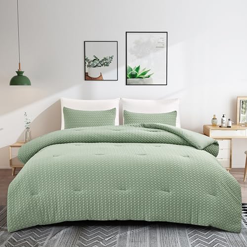 Arianaut 3-Piece Comforter Set – Checkered Seersucker comforters Quilt Set with Microfiber Fill – Includes 1 Comforter & 2 Pillowcases – Lightweight, Soft & Wrinkle-Resistant (Green, King)