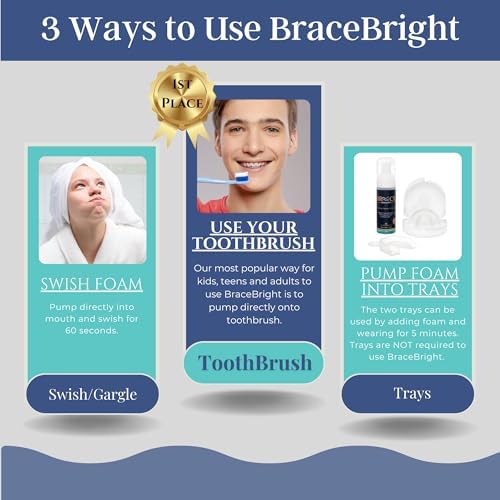 Teeth Whitening for Braces, Braces Cleaner Foam, Brace Teeth Whitening kit for Under Metal, Ceramic, Brackets & Wires. Cleaning Kit, Use w/Toothbrush or Trays No Sensitivity. Minty, Teens, Adults