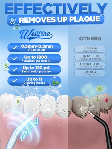 Water Dental Flosser Teeth Pick: WELLFINE Portable Cordless 4 Modes Flossers Pic 300ML Rechargeable Floss Pik Powerful IPX7 Waterproof Oral Irrigator for Cleaning Gum Care Braces for Home Travel