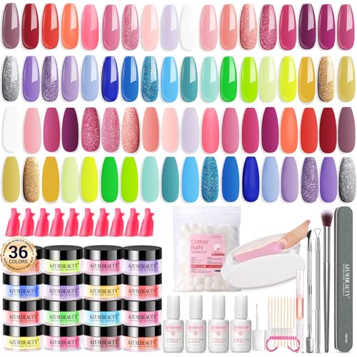 AZUREBEAUTY 170Pcs Dip Powder Nail Kit, 36 Color Neon Bright Blue Yellow with Dipping Powder Base/top Coat Activator Liquid Set & Removel Kit for French Nail Art Salon DIY Home