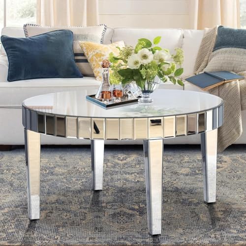 Silver Mirrored Coffee Table, 31.5" Round Modern Center Table with Starburst Mirror Mosaic Design, Luxury Circle Mirrored Glass Accent Coacktail Tea Table for Living Room Home Office