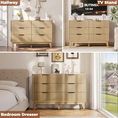 Butinsx Modern 6 Drawer Dresser, Natural Oak, Fluted Wave Design, Rounded Corners, Dresser TV Stand, 48" Wide Chest of Drawers for Bedroom and Living Room