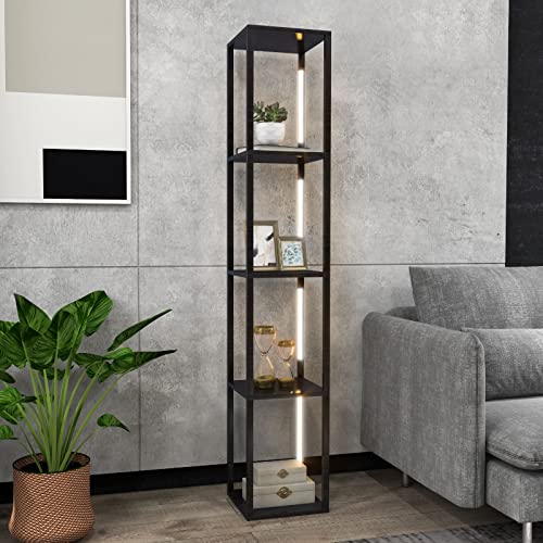 Dimmable Floor Lamp with 4 Wooden Shelves, 360° Rotatable LED Light, Tall Standing Reading for Bedroom, Living Room & Office Home Decor