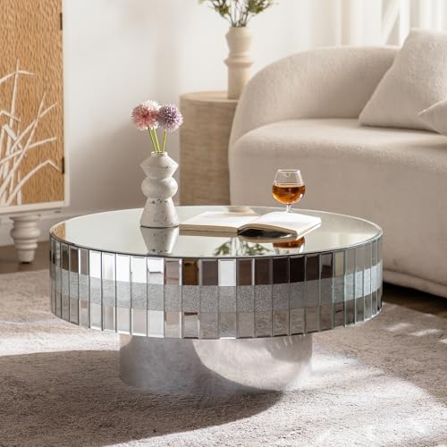 Modern Round Mirrored Coffee Table for Living Room, Silver Glass with Decorative Crystal Edge, Glam Round Accent Table Mirrored Center Table for Home Office, Silver, 31'' Dia x 14''H
