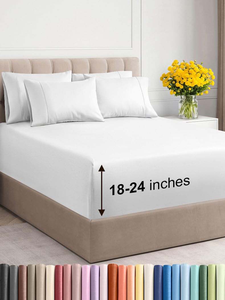 Extra Deep Cal King Sheet Set - 6 Piece Breathable & Cooling Sheets - Hotel Luxury Bedding Set w/18-24 Inch Extra Deep Pockets - Easy Fit - Super Soft, Wrinkle Free and Comfy - White, Cal King Size