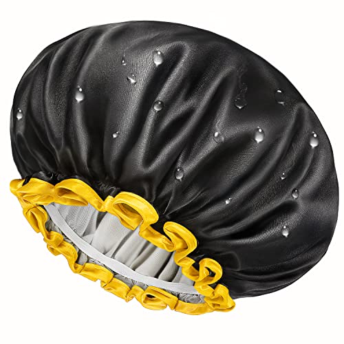 mikimini Small Black Shower Caps for Child 2 Packs, Double Layers Waterproof Bathing Hair Cap with Reusable Soft Comfortable PEVA Lining, Cute, Non-fading & Stretchy Shower Hat