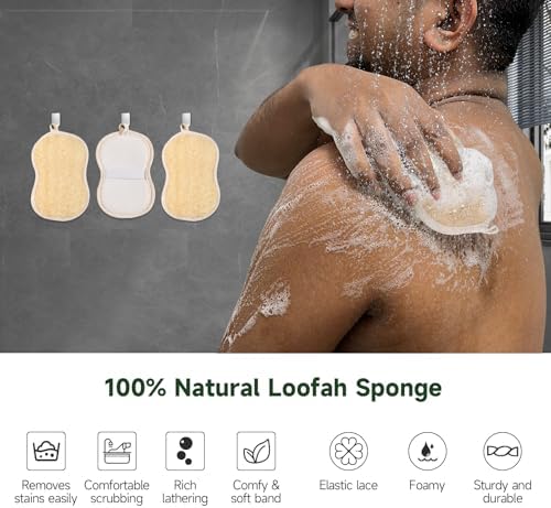 Natural Loofah Bath Sponges with Cotton Rope Exfoliating Body & Face Scrubber Reusable & Eco-Friendly,Soap Loofa Shape- Large 3PCS