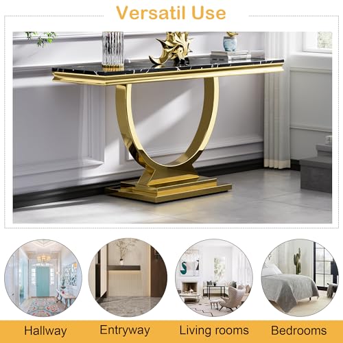 Modern Marble Console Table with Stainless Steel O-Base, 47" Luxury Gold Entryway Table for Living Room, Black Faux Marble Sofa Tables Behind The Couch Hallway Tables for Entrance
