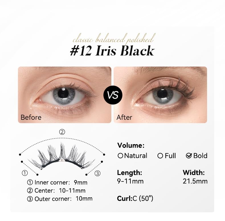 Soft Magnetic Eyelashes Kit with Applicator, No.12 Iris Black, Reusable Glue-free Wispy Magnetic Lashes, Cruelty-free False Lashes, Waterproof, Lightweight, Suit for Heavy Makeup