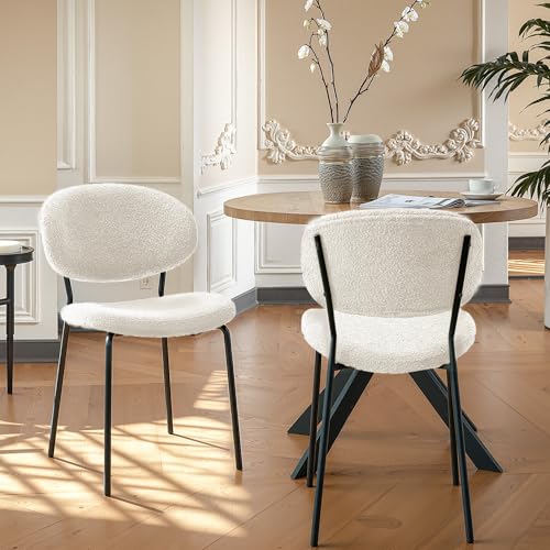 Howtek Dining Chairs Set of 2, Mid Century Modern Boucle Upholstered Fabric Kitchen Chairs with Curved Backrest & Metal Legs for Living Room, Dining Room, Vanity - Beige
