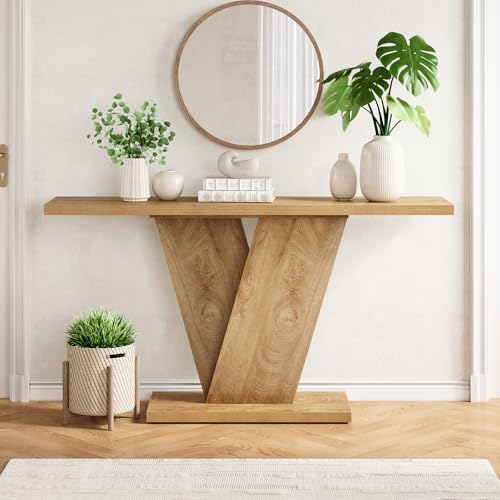 LITTLE TREE 63-Inch Console Table, V-Shaped Pedestal Side Table, Versatile Rectangular Farmhouse Sofa Table Entryway Console Table for Living Room, Hallway, Entrance, Brown