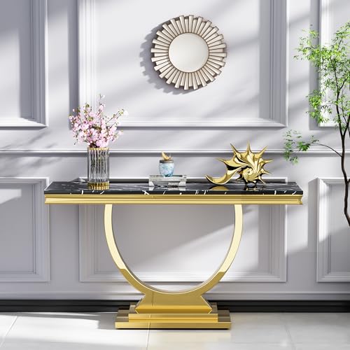 Modern Marble Console Table with Stainless Steel O-Base, 47" Luxury Gold Entryway Table for Living Room, Black Faux Marble Sofa Tables Behind The Couch Hallway Tables for Entrance