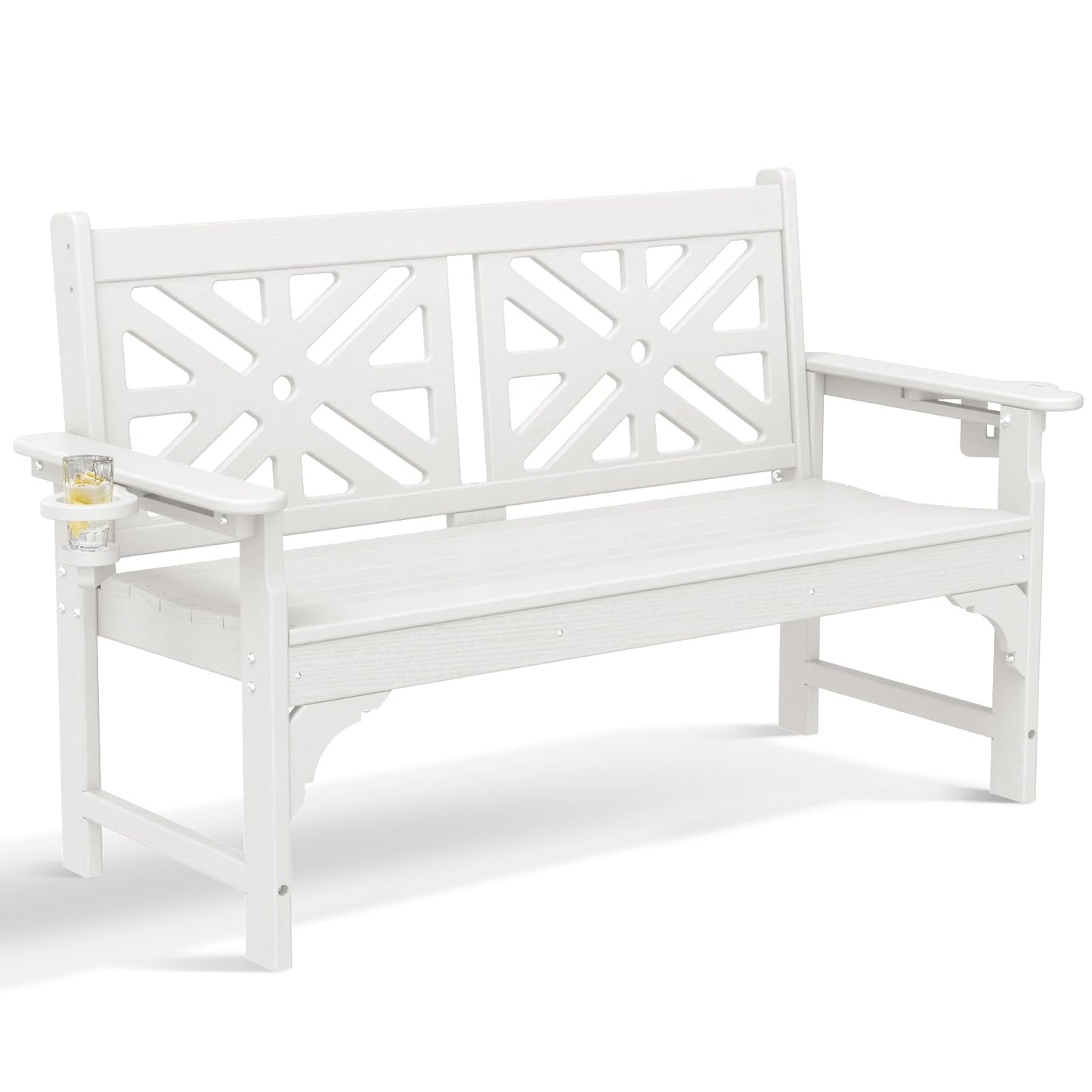 nalone Outdoor Bench with Cup Holders, HDPE All Weather Porch Bench Load up to 800 Lbs, 2-Person Garden Benches Rot-Proof Fade Proof for Patio, Porch, and Park (White)