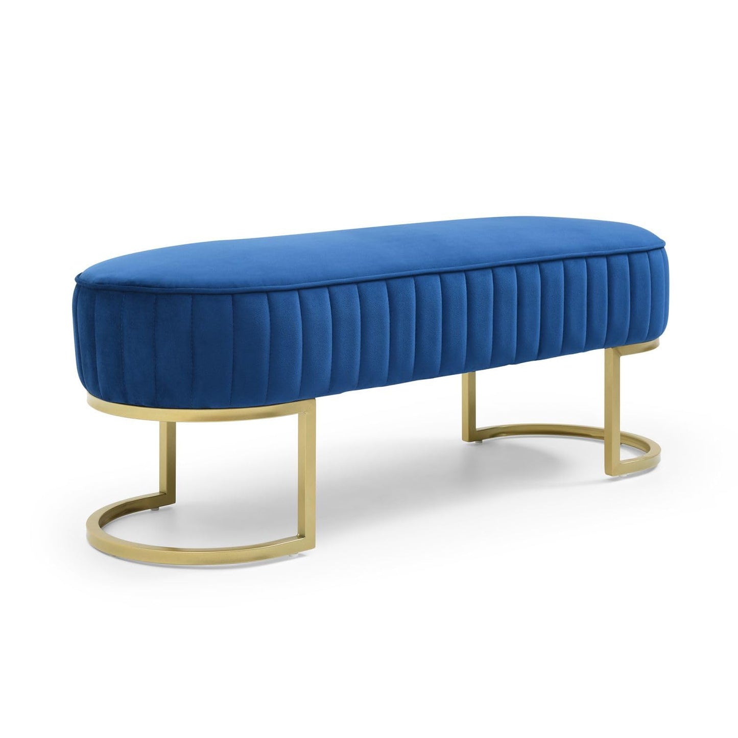 UOCFYK Bedroom Bench, Velvet Upholstered End of Bed Bench with Curved Gold Metal, 48" Ottoman Bench for Living Room, Entryway, Window, Blue