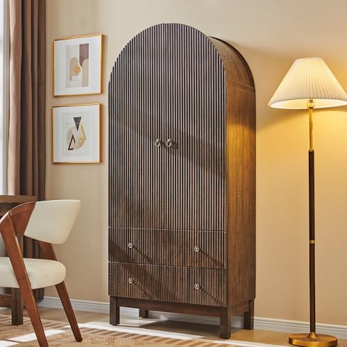 IFBUY 71" Tall Arched Bathroom Storage Cabinet, Modern Fluted Cabinet Storage with 4 Shlves and 2 Drawers, Floor Cabinet for Bathroom, Living Room, Kitchen, Brown