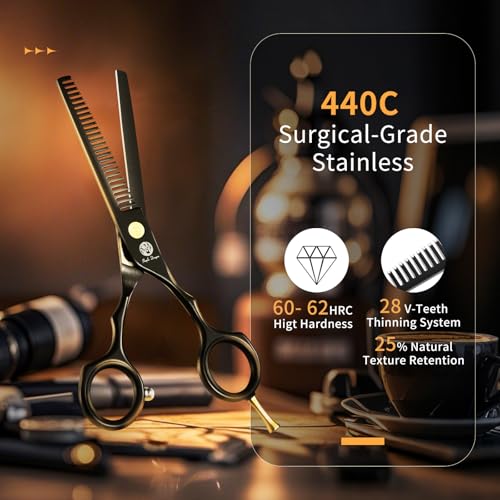 Purple Dragon 5.5 inch Hair Cutting Scissors Set with Razor, Leather Scissors Case, Barber Hair Cutting Shears Hair Thinning/Texturizing Shears for Professional Hairdresser or Home Use (Black)