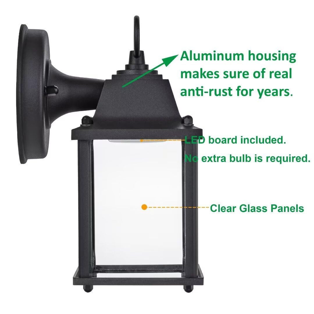 LIT-PaTH Outdoor LED Wall Lantern, Wall Sconce as Porch Lighting Fixture, 5000K Daylight White, 9.5W 800 Lumen, Aluminum Housing Plus Glass, Black Finish, 1-Pack