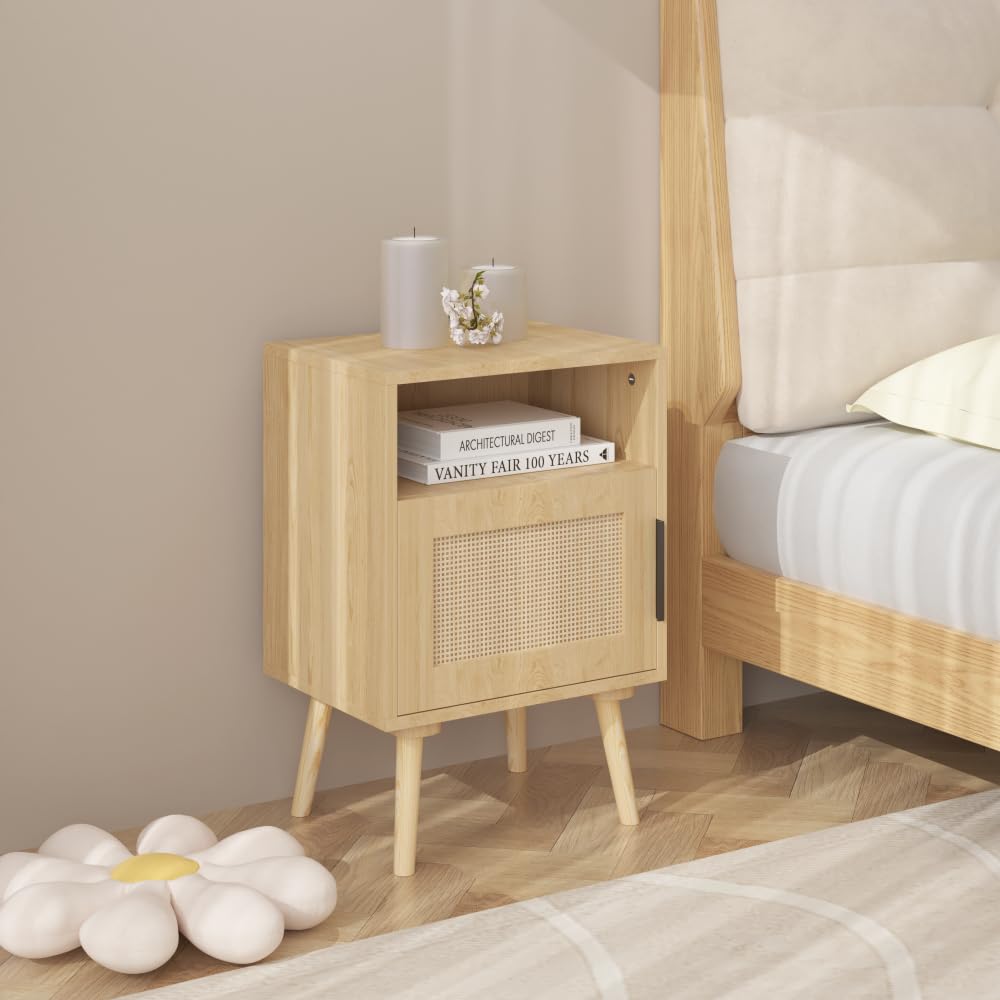 Luxebough Rattan Nightstand, Side Table with Door and Open Shelf for Small Spaces, Accent Boho Night Stand with Solid Wood Legs, Oak Finish Bedside End Table, Premium Handmade Aesthetic, 1 Pack