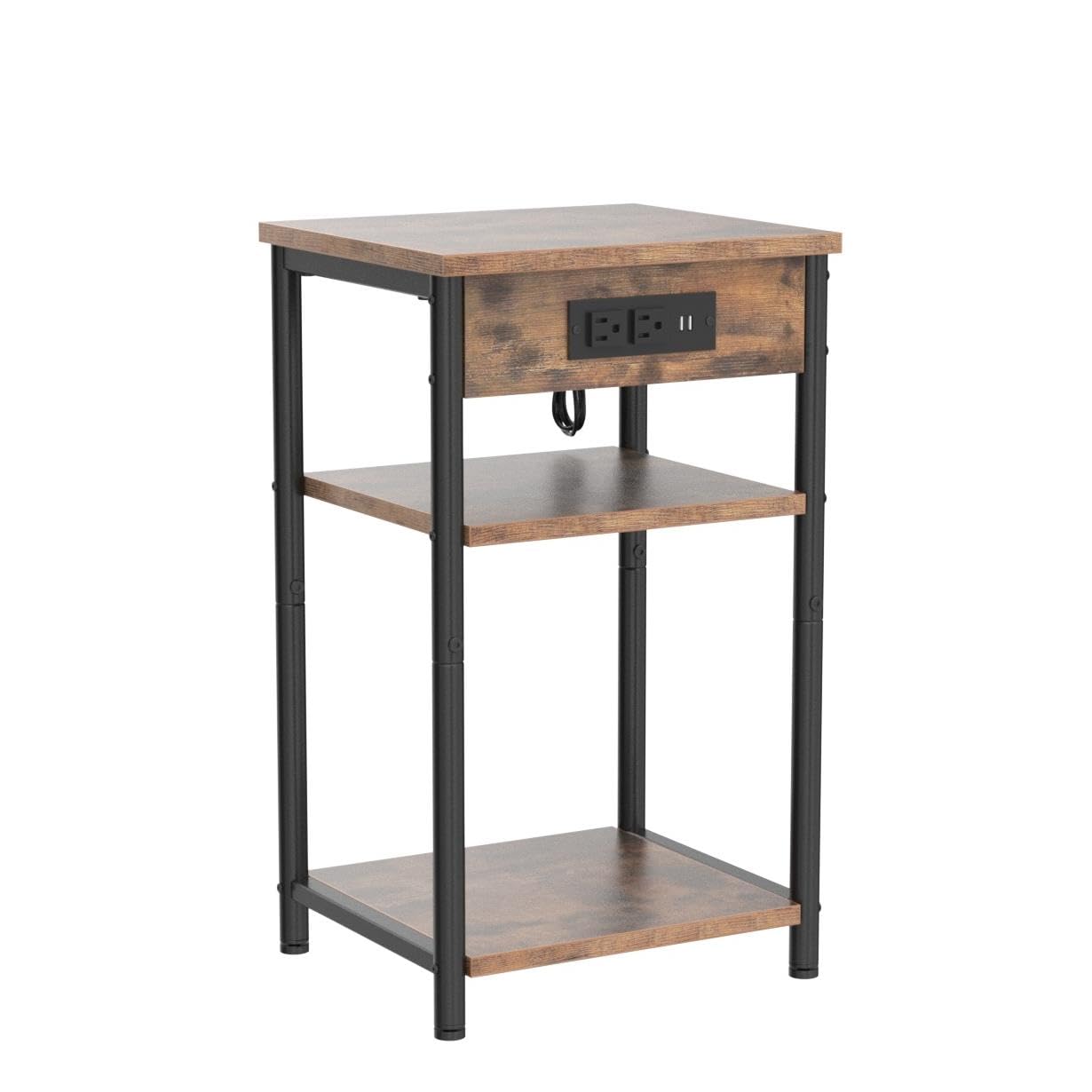 Rolanstar End Table with Charging Station, Night Stand with 3 Storage Shelves, Small Side Table for Small Space, Narrow Bedside Table for Living Room, Bedroom, Rustic Brown, Set of 2