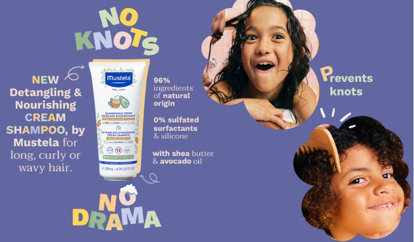 Mustela Detangling & Nourishing Cream Shampoo - Natural Shea Butter & Avocado - Curly & Frizzy Hair - Dermatologist-tested & safe for Babies and Kids - 6.76 US Fl. Oz.