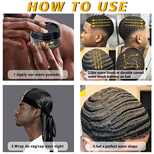 Wave Pomade for Men Strong Hold Easy Wash 360 Wave Training Hair Cream, Waves Grease for Men Promotes Layered Waves, Moisture, Control and Silky Shine Pomade Brushe Silky Durag Cap Set