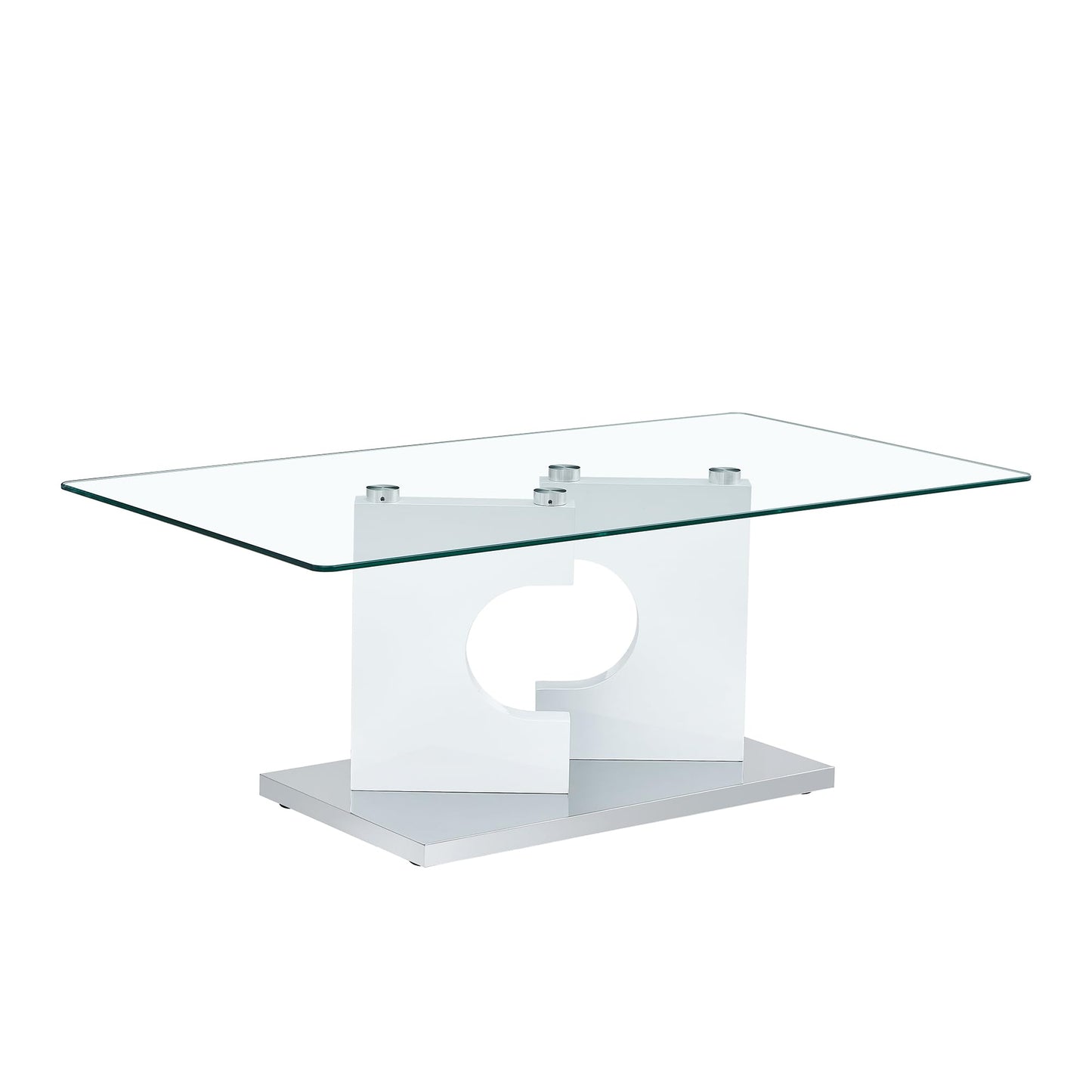 Henf Modern Luxury 47" Rectangle Glass Coffee Table for Living Room, Home Office, Tempered Glass Top, White Legs & Silver Base
