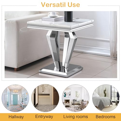 Marble End Table for Living Room, 22.8" Modern Suqare Sofa Side Table with Silver Stainless Steel Base, White Faux Marble Nightstand Bedside Table Corner Table for Bedroom, Home Office