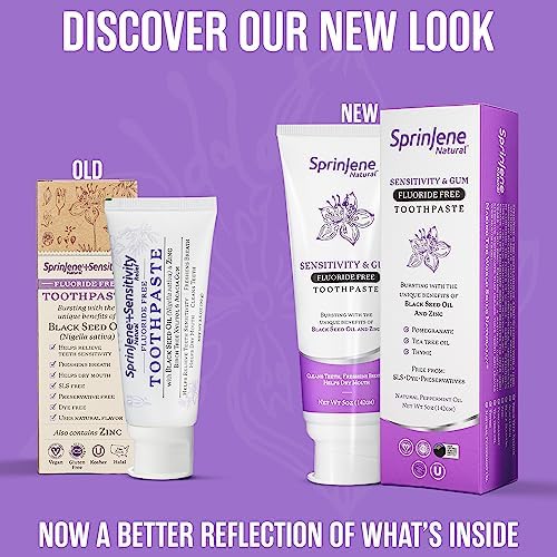 SprinJene Natural Sensitivity & Gum, Fluoride Free Toothpaste for Strong Teeth & Gums - Natural Toothpaste to Soothe Dry Mouth & Freshen Breath | 2 Pack