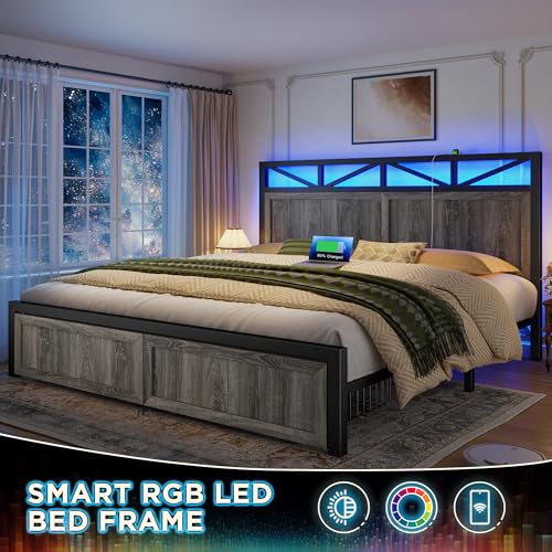 Homkdom King Bed Frame with 2 Storage Drawers and LED Lights, King Size Bed Frame and Headboard Built in Charging Station,Noise-Free,Easy Assembly, Grey
