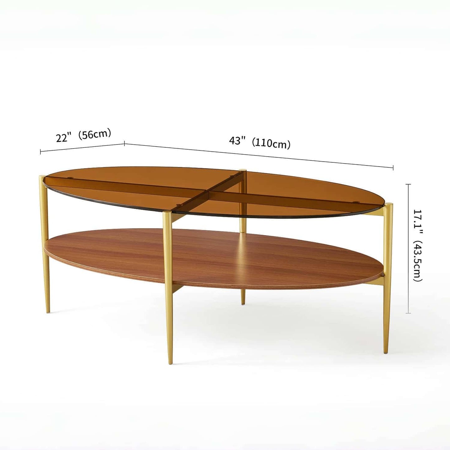 LumFurn Oval Glass Coffee Table, Mid-Century Modern Design, L43 x W22 x H17 inch, 2-Tier Structure, Olive Shaped Amber Glass Top and Walnut Finish Wood Shelf, Tapered Legs with Gold Finish Frame